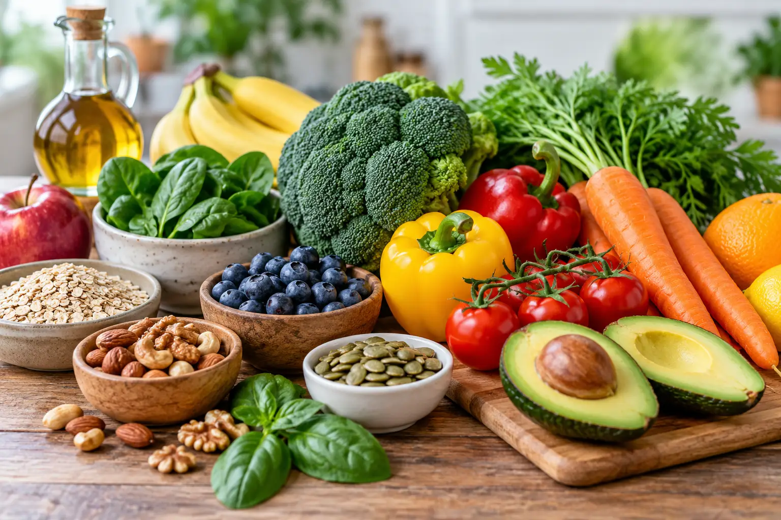 Gevarieerde groenten, fruit, noten, zaden en havermout op een houten keukentafel