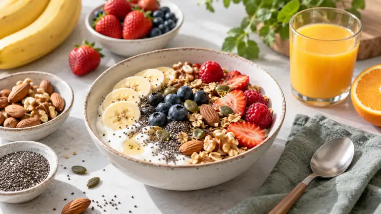 Gezond ontbijt met yoghurt, banaan, bessen, noten en zaden
