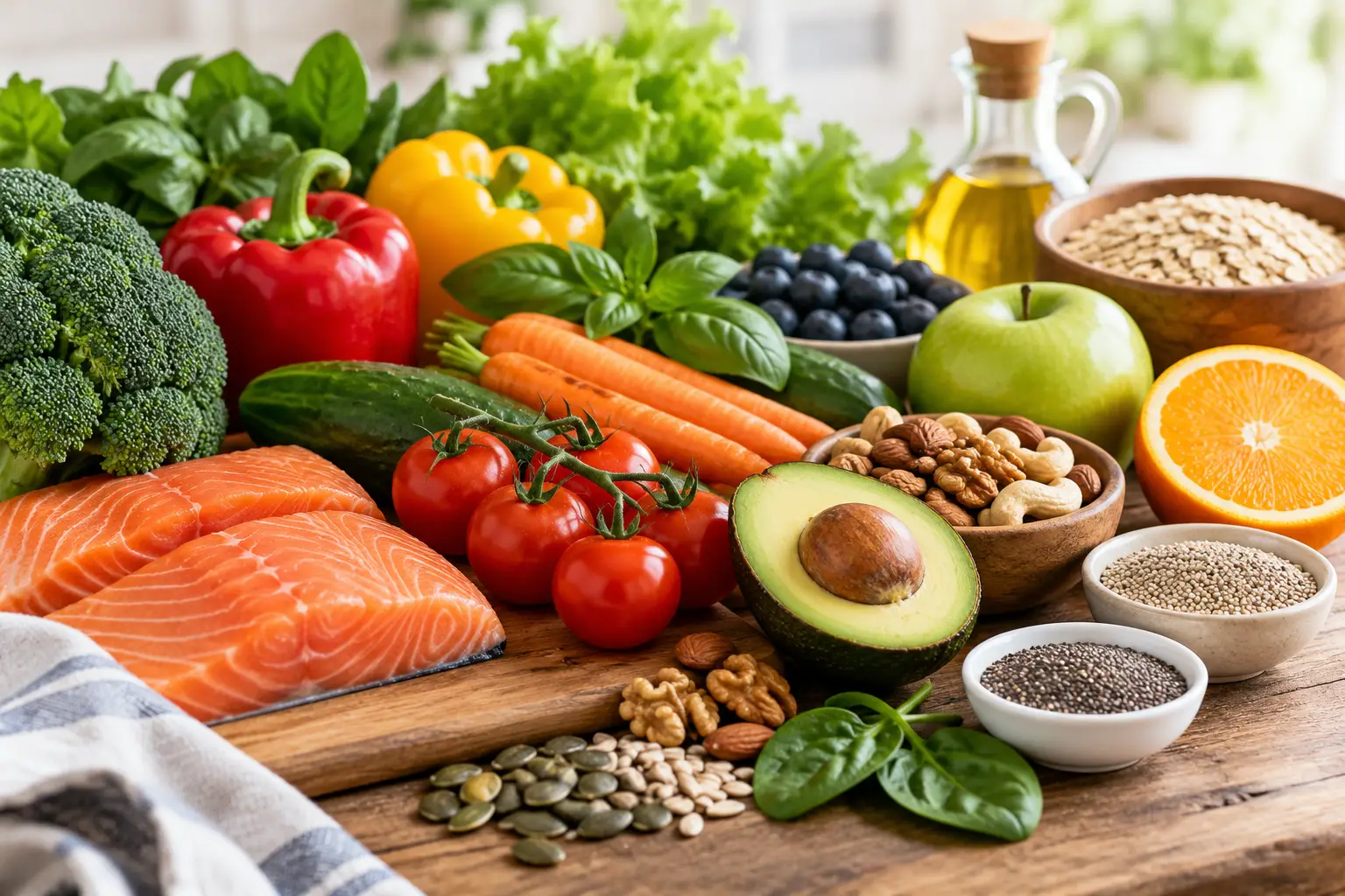 Verse zalm, groenten, fruit, noten, zaden en granen op een houten tafel