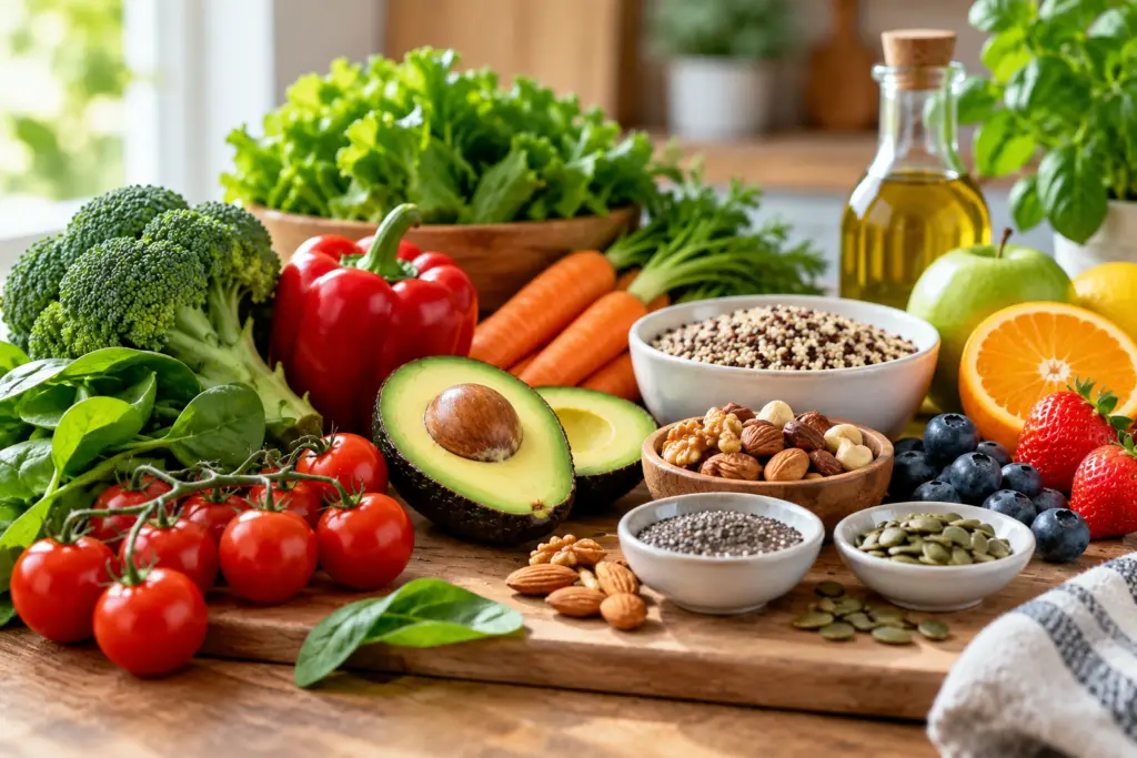 Broccoli, tomaten, avocado, wortels, noten, zaden en fruit als gezonde voedingskeuzes