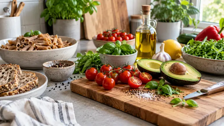 Verse groenten, avocado, tomaten, kruiden en volkoren producten in de keuken