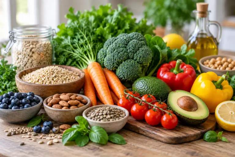 Verse groenten, avocado, quinoa, noten, zaden en fruit in een lichte keuken