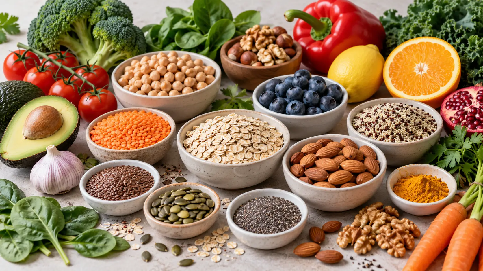 Gevarieerde gezonde ingrediënten met peulvruchten, granen, noten, zaden, groenten en fruit
